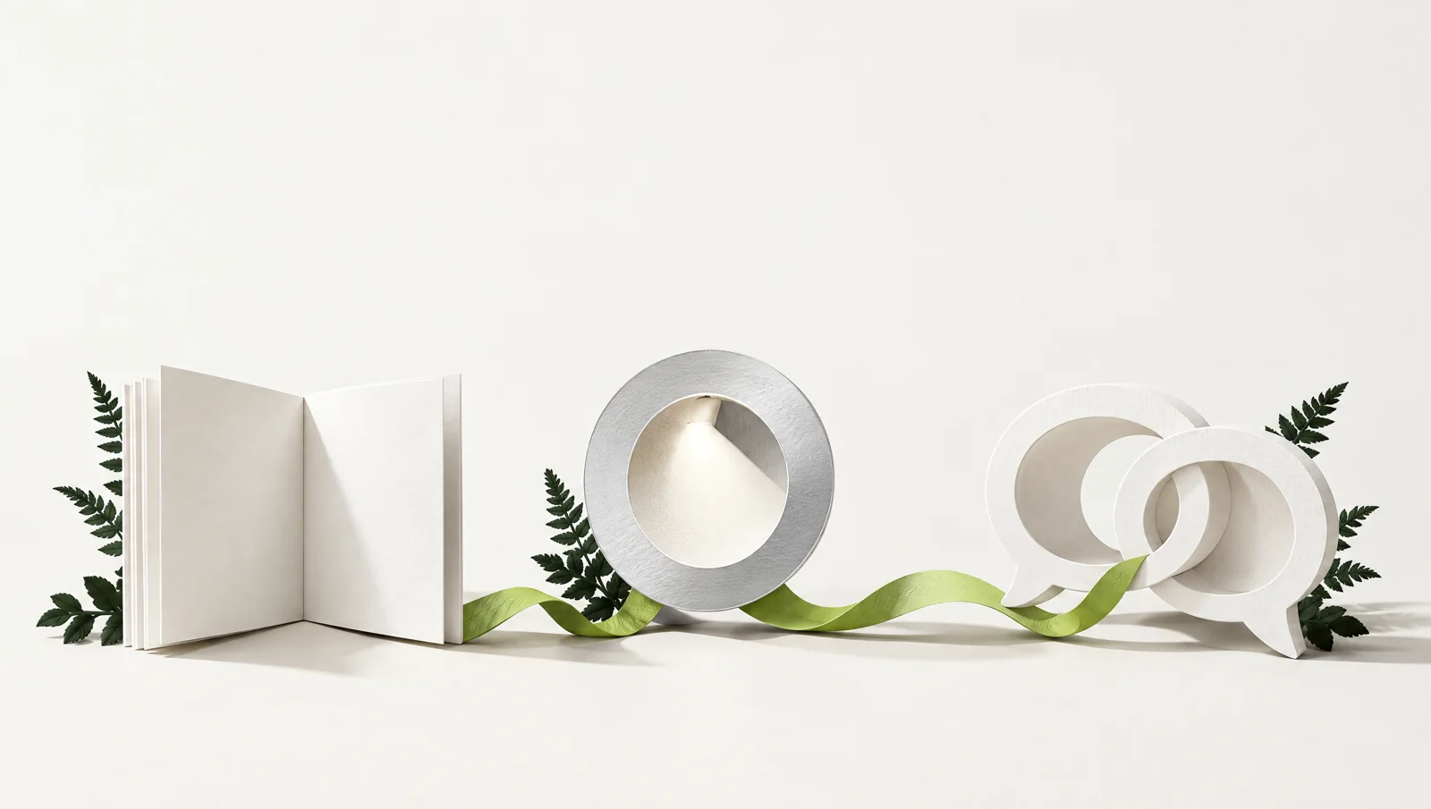 A paper folio, a spotlight ring, and connected conversation shapes joined by one path.